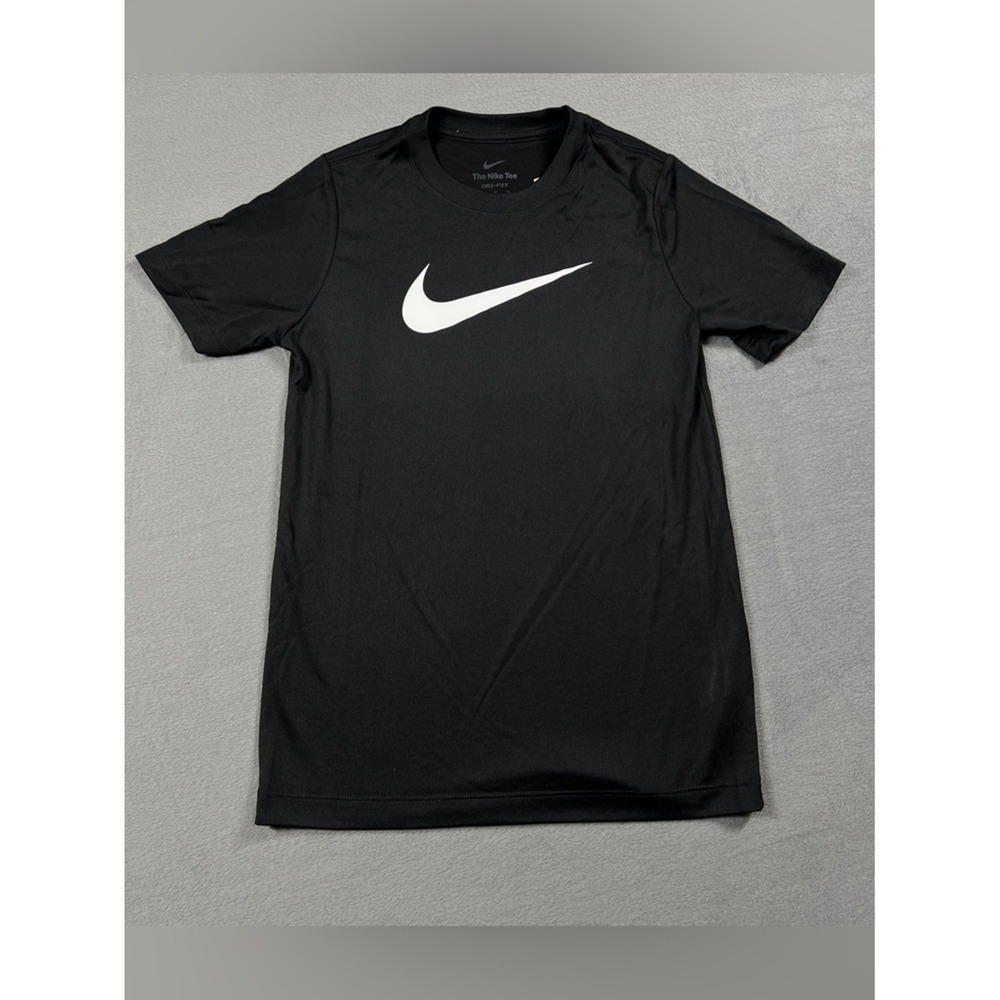 Nike Shirt Boys M Black DriFit Performance Tee White Swoosh Logo Short Sleeve